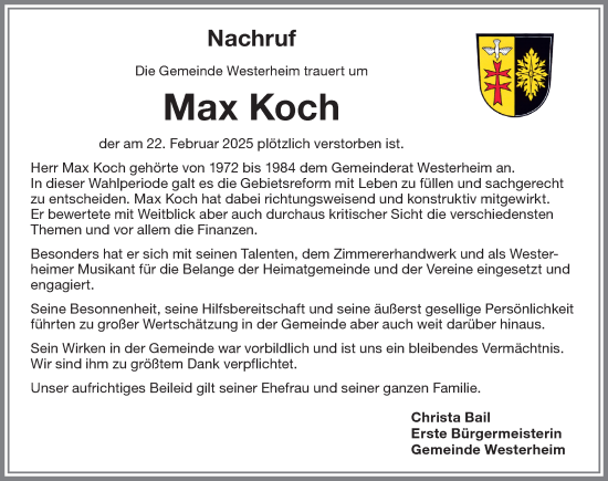 Traueranzeige von Max Koch von Memminger Zeitung