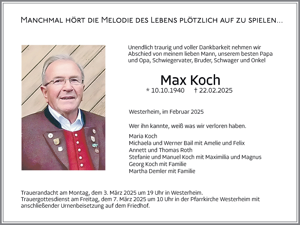  Traueranzeige für Max Koch vom 01.03.2025 aus Memminger Zeitung