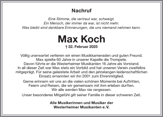 Traueranzeige von Max Koch von Memminger Zeitung