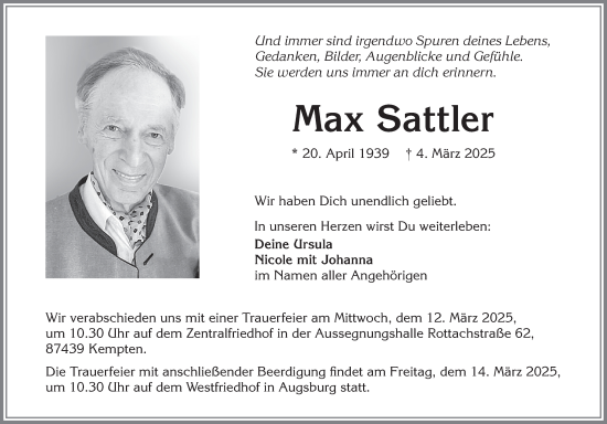 Traueranzeige von Max Sattler von Allgäuer Zeitung,Kempten