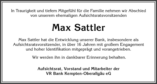 Traueranzeige von Max Sattler von Allgäuer Zeitung,Kempten