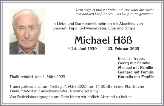 Traueranzeige von Michael Höß von Allgäuer Anzeigeblatt
