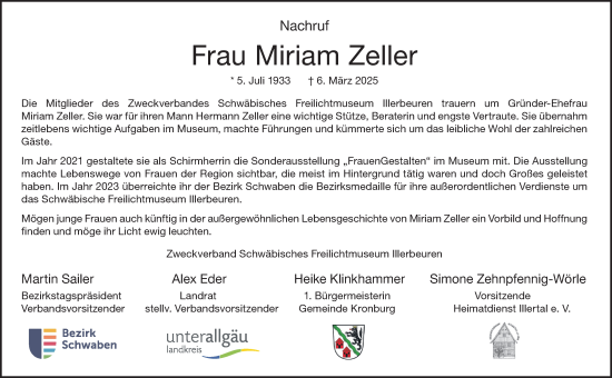 Traueranzeige von Miriam Zeller von Memminger Zeitung