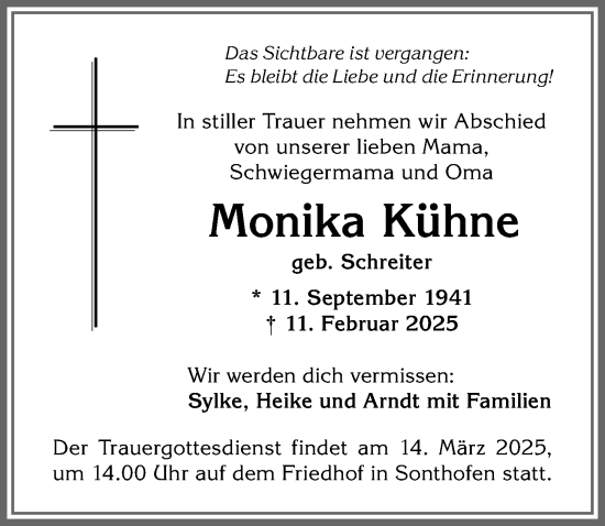 Traueranzeige von Monika Kühne von Allgäuer Anzeigeblatt