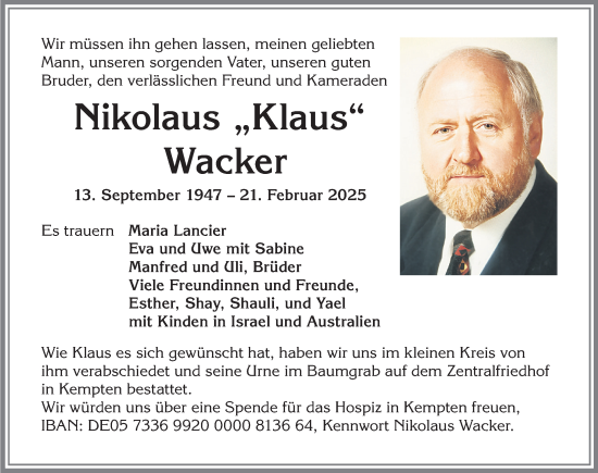Traueranzeige von Nikolaus Wacker von Allgäuer Zeitung,Kempten