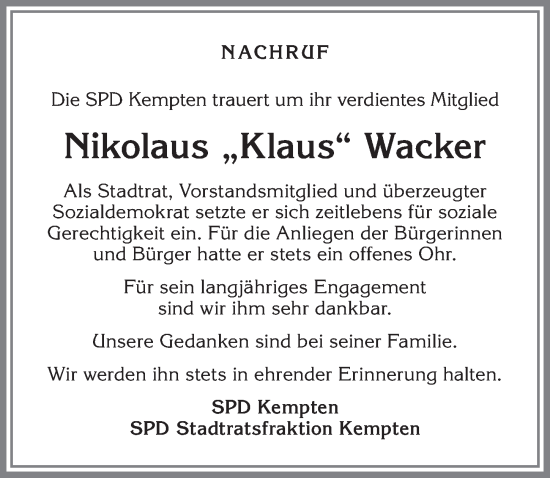 Traueranzeige von Nikolaus Wacker von Allgäuer Zeitung,Kempten