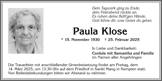 Traueranzeige von Paula Klose von Allgäuer Zeitung,Kempten