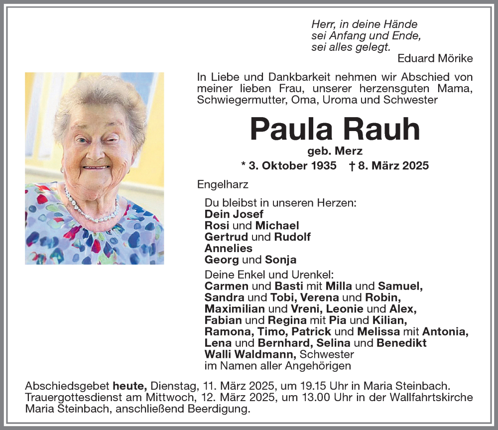  Traueranzeige für Paula Rauh vom 11.03.2025 aus Memminger Zeitung