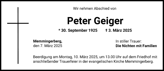 Traueranzeige von Peter Geiger von Memminger Zeitung