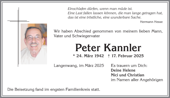 Traueranzeige von Peter Kannler von Allgäuer Anzeigeblatt