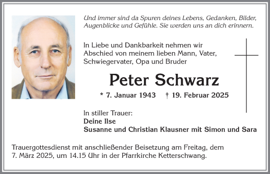 Traueranzeige von Peter Schwarz von Allgäuer Zeitung, Kaufbeuren/Buchloe
