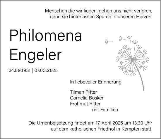 Traueranzeige von Philomena Engeler von Allgäuer Zeitung,Kempten