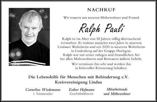 Traueranzeige von Ralph Pauli von Der Westallgäuer