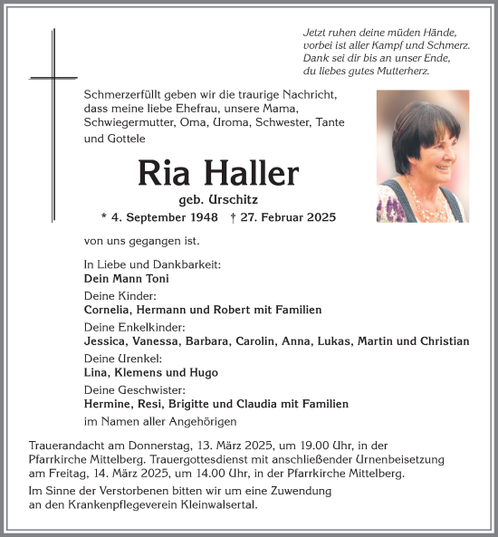 Traueranzeige von Ria Haller von Allgäuer Anzeigeblatt