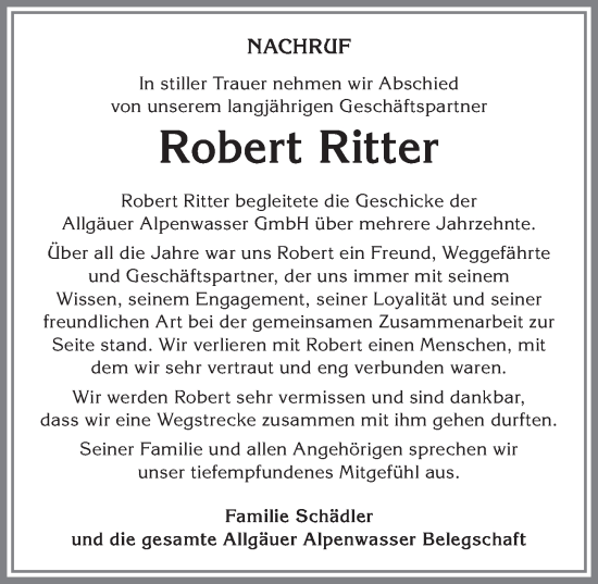 Traueranzeige von Robert Ritter von Allgäuer Zeitung,Kempten