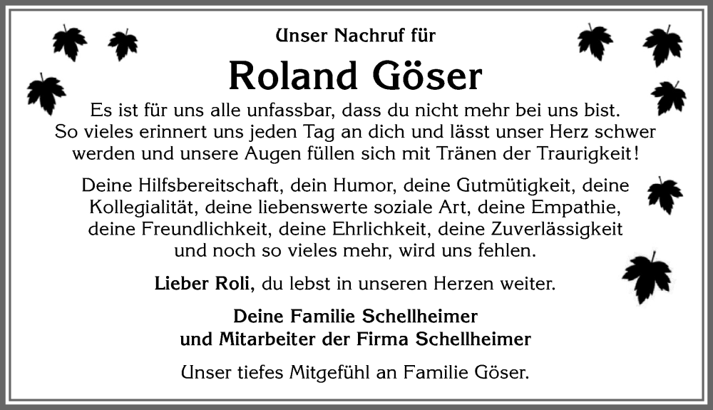  Traueranzeige für Roland Göser vom 15.03.2025 aus Allgäuer Zeitung,Kempten