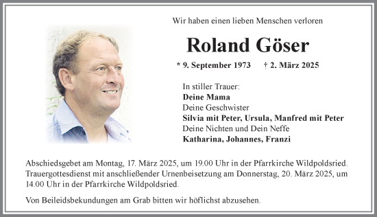 Traueranzeige von Roland Göser von Allgäuer Zeitung,Kempten