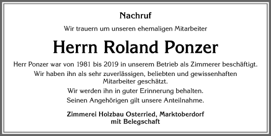 Traueranzeige von Roland Ponzer von Allgäuer Zeitung, Marktoberdorf