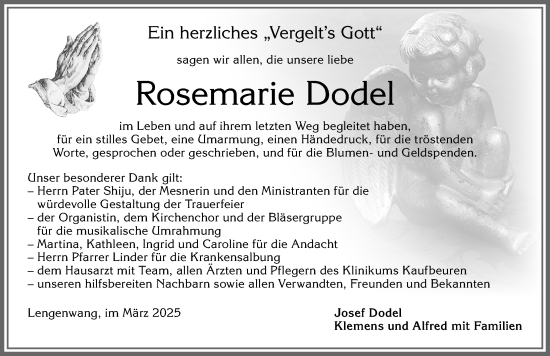 Traueranzeige von Rosemarie Dodel von Allgäuer Zeitung, Marktoberdorf