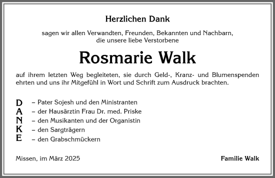 Traueranzeige von Rosmarie Walk von Allgäuer Anzeigeblatt