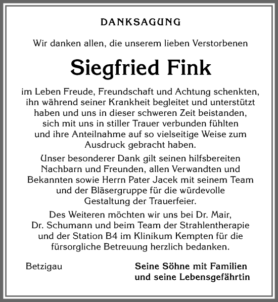 Traueranzeige von Siegfried Fink von Allgäuer Zeitung,Kempten