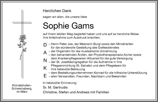 Traueranzeige von Sophie Gams von Allgäuer Zeitung,Kempten