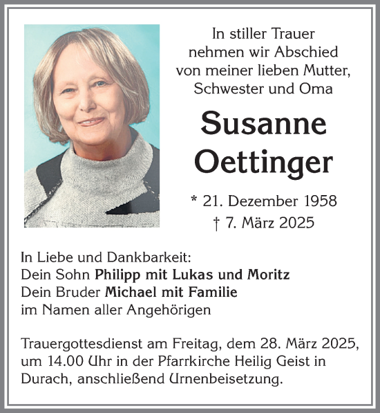 Traueranzeige von Susanne Oettinger von Allgäuer Zeitung,Kempten