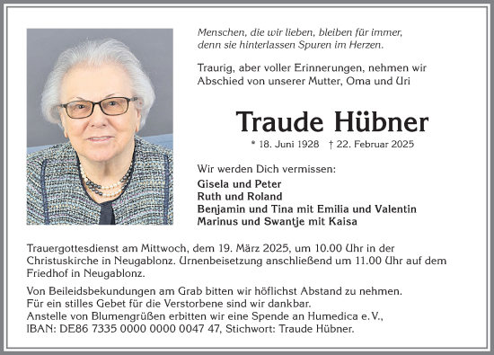 Traueranzeige von Traude Hübner von Allgäuer Zeitung, Kaufbeuren/Buchloe