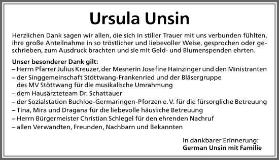 Traueranzeige von Ursula Unsin von Allgäuer Zeitung, Kaufbeuren/Buchloe