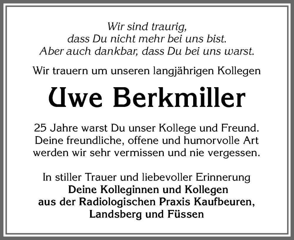  Traueranzeige für Uwe Berkmiller vom 18.03.2025 aus Mindelheimer Zeitung, Augsburger Allgemeine