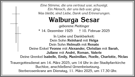 Traueranzeige von Walburga Sesar von Allgäuer Zeitung, Kaufbeuren/Buchloe