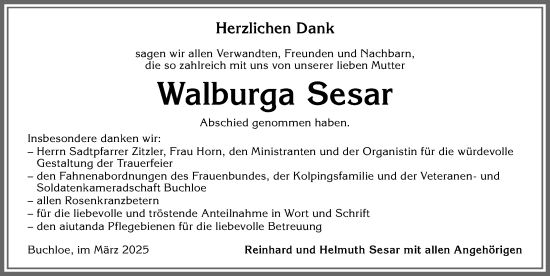 Traueranzeige von Walburga Sesar von Allgäuer Zeitung, Kaufbeuren/Buchloe