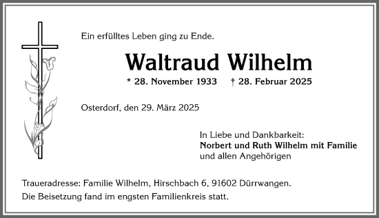 Traueranzeige von Waltraud Wilhelm von Allgäuer Anzeigeblatt
