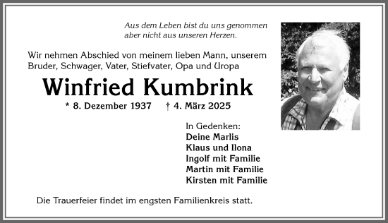 Traueranzeige von Winfried Kumbrink von Allgäuer Anzeigeblatt