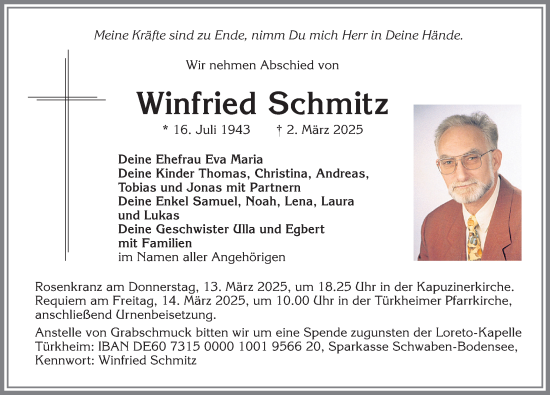 Traueranzeige von Winfried Schmitz von Augsburger Allgemeine, Mindelheimer Zeitung