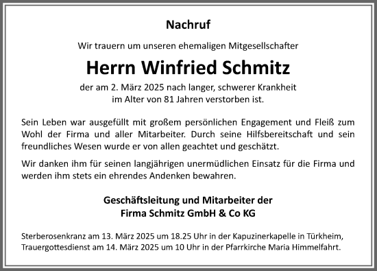 Traueranzeige von Winfried Schmitz von Augsburger Allgemeine, Mindelheimer Zeitung