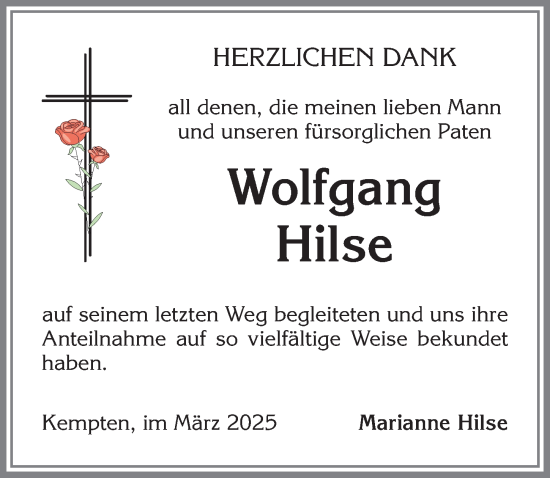 Traueranzeige von Wolfgang Hilse von Allgäuer Zeitung,Kempten