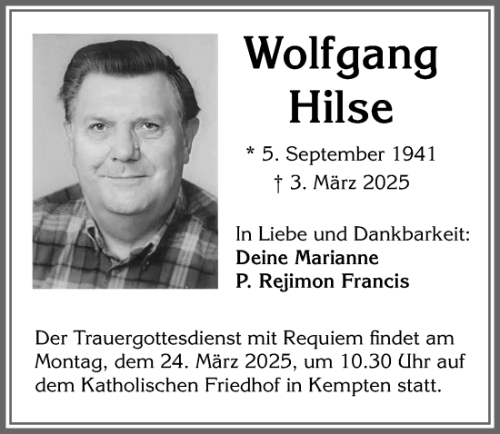 Traueranzeige von Wolfgang Hilse von Allgäuer Zeitung,Kempten