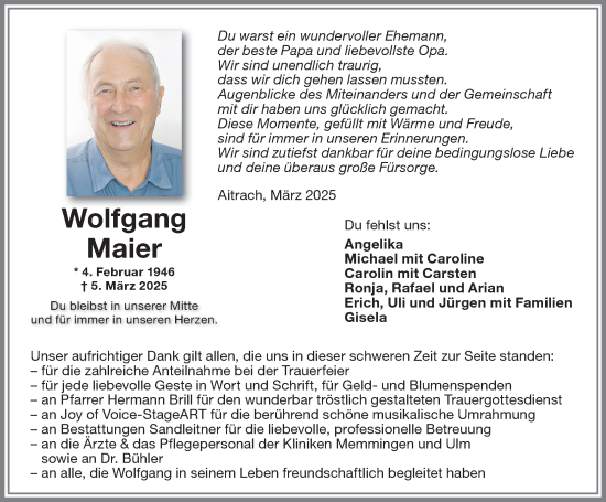 Traueranzeige von Wolfgang Maier von Memminger Zeitung