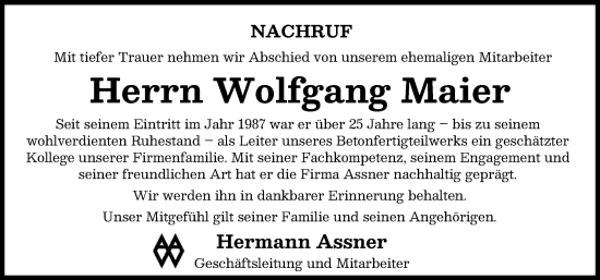 Traueranzeige von Wolfgang Maier von Memminger Zeitung