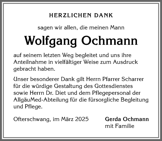 Traueranzeige von Wolfgang Ochmann von Allgäuer Anzeigeblatt