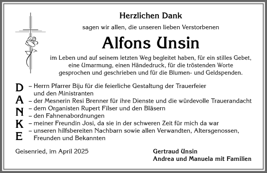 Traueranzeige von Alfons Unsin von Allgäuer Zeitung, Marktoberdorf
