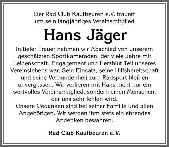 Traueranzeige von Hans Jäger von Allgäuer Zeitung, Kaufbeuren/Buchloe