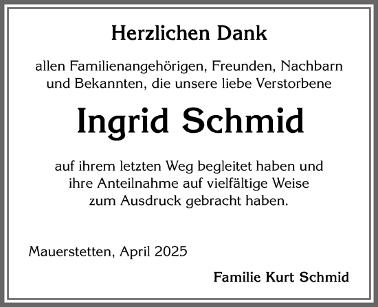 Traueranzeige von Ingrid Schmid von Allgäuer Zeitung, Kaufbeuren/Buchloe