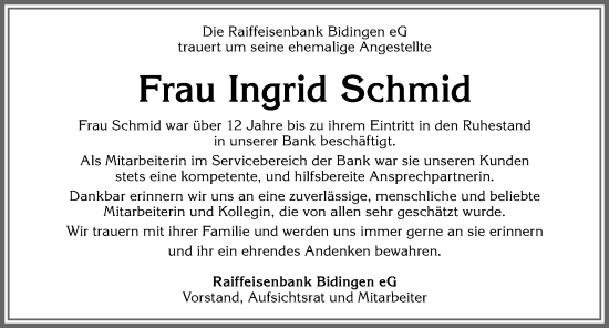 Traueranzeige von Ingrid Schmid von Allgäuer Zeitung, Kaufbeuren/Buchloe