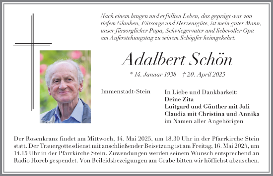 Traueranzeige von Adalbert Schön von Allgäuer Anzeigeblatt