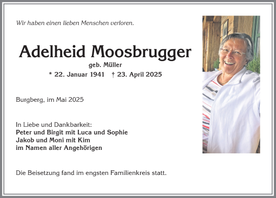 Traueranzeige von Adelheid Moosbrugger von Allgäuer Anzeigeblatt