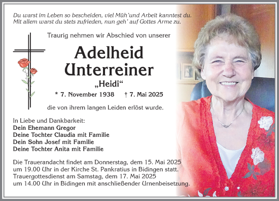 Traueranzeige von Adelheid Unterreiner von Allgäuer Zeitung, Marktoberdorf