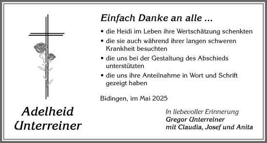 Traueranzeige von Adelheid Unterreiner von Allgäuer Zeitung, Marktoberdorf