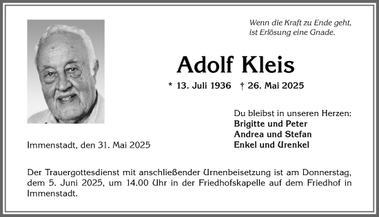 Traueranzeige von Adolf Kleis von Allgäuer Anzeigeblatt